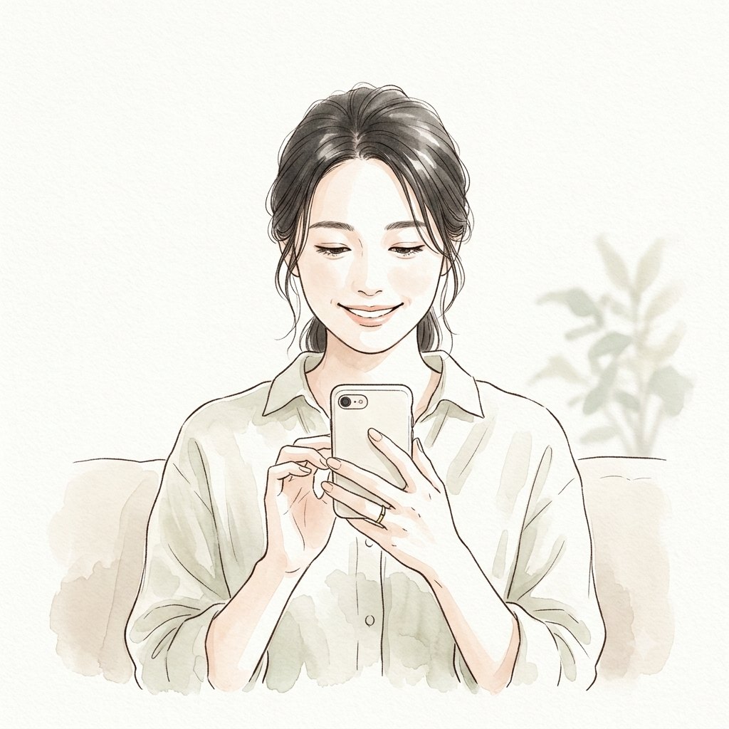 スマホを見て微笑む女性の水彩イラスト